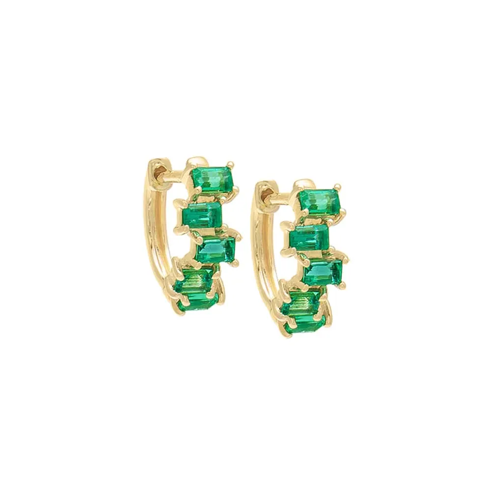 Emerald Scattered Baguette Huggie Earring 14K