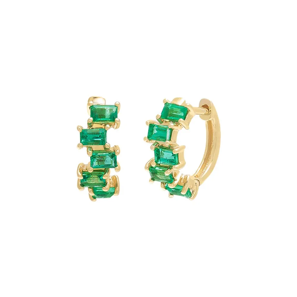 Emerald Scattered Baguette Huggie Earring 14K