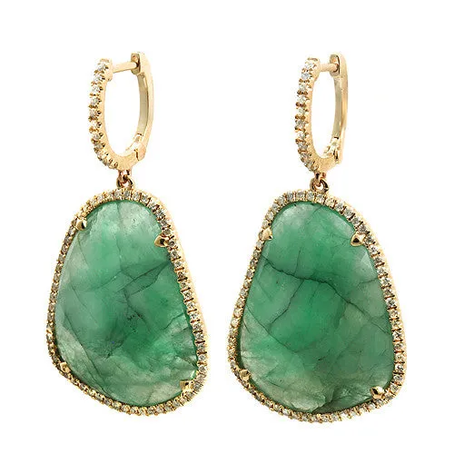 Emerald Slice Dangling Earrings with Round Diamonds in 14k Yellow Gold