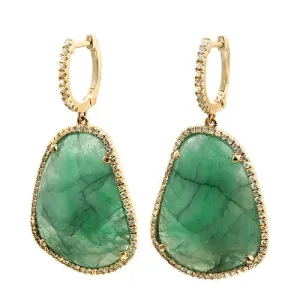 Emerald Slice Dangling Earrings with Round Diamonds in 14k Yellow Gold