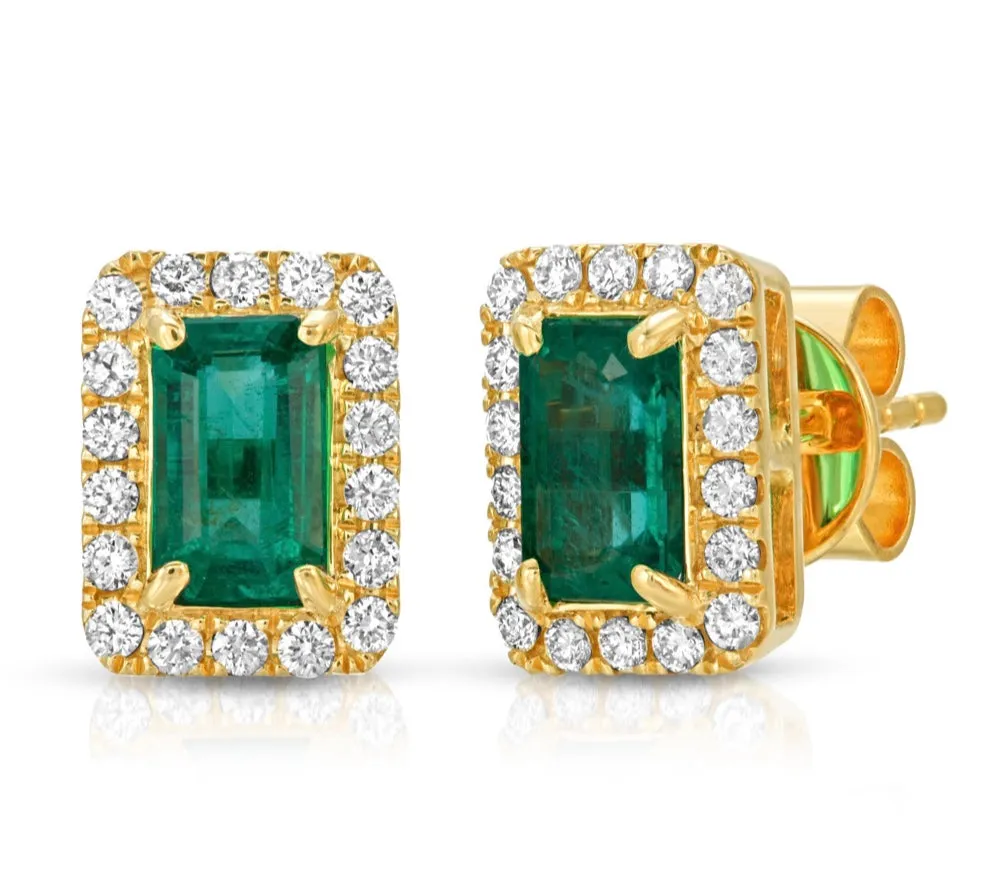 Emerald Stud Earrings with Emerald-Cut Diamonds on a 14k Yellow Gold Halo Setting