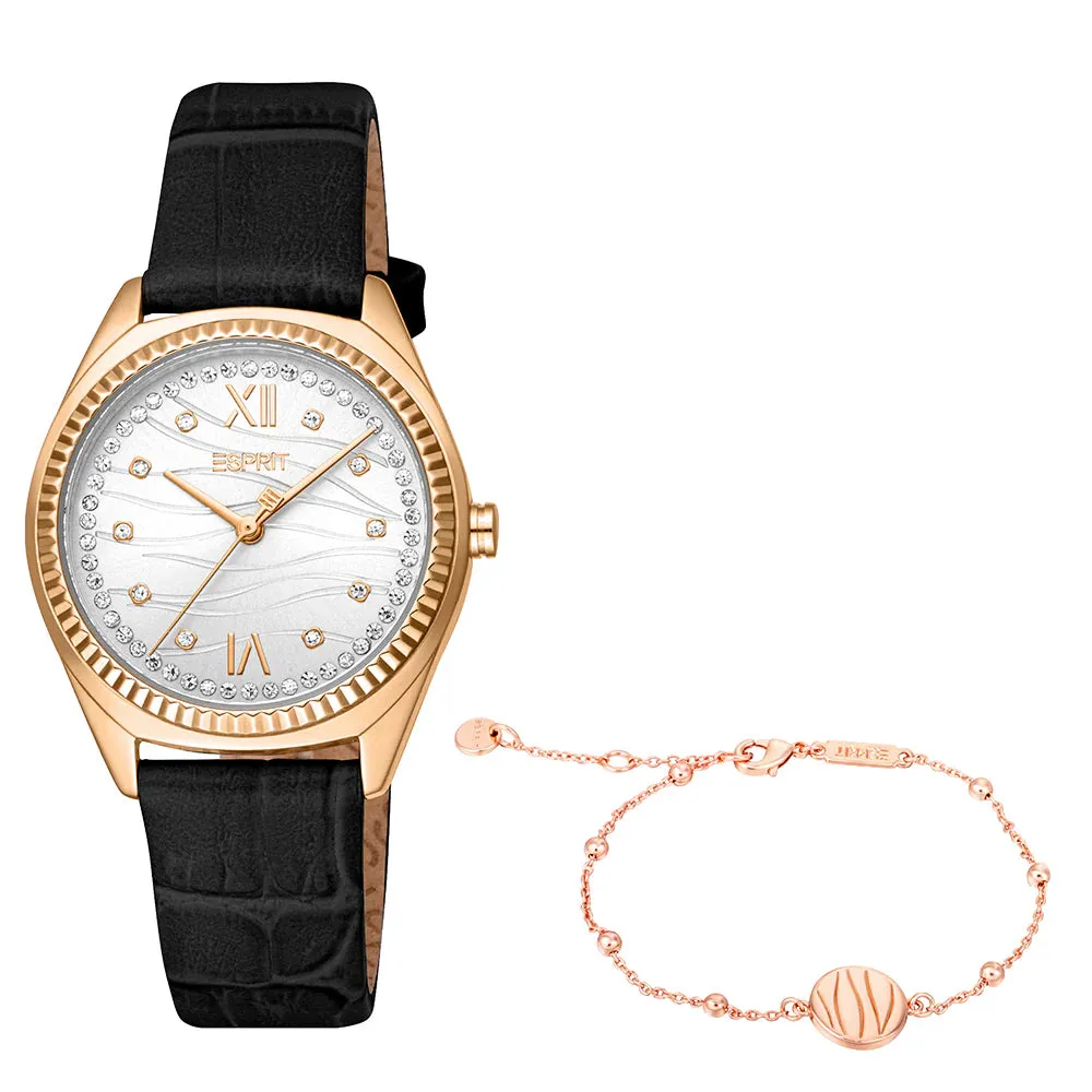 Esprit  Uma S Ladies Silver Dial Black Leather Strap Watch