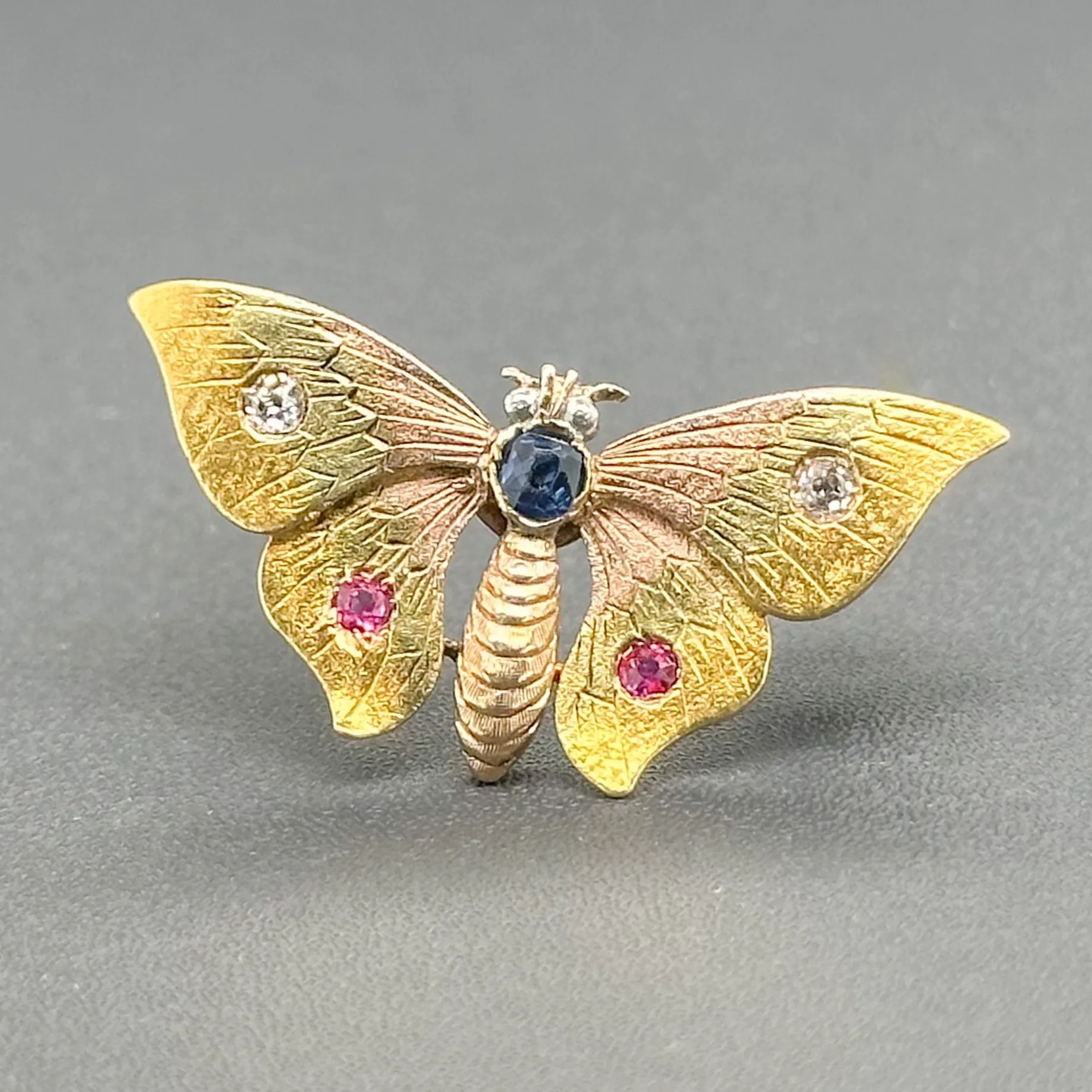Estate 13K Tri-Color Gold 0.06cttw Ruby, 0.09ct Sapphire, 0.06cttw H-I/SI1 Diamond Butterfly Pin