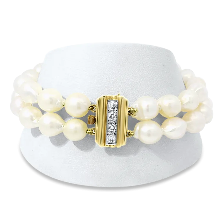 Estate 14k Yellow Gold Pearl and Diamond Double Row Necklace