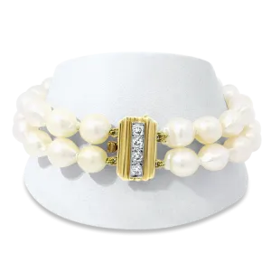 Estate 14k Yellow Gold Pearl and Diamond Double Row Necklace