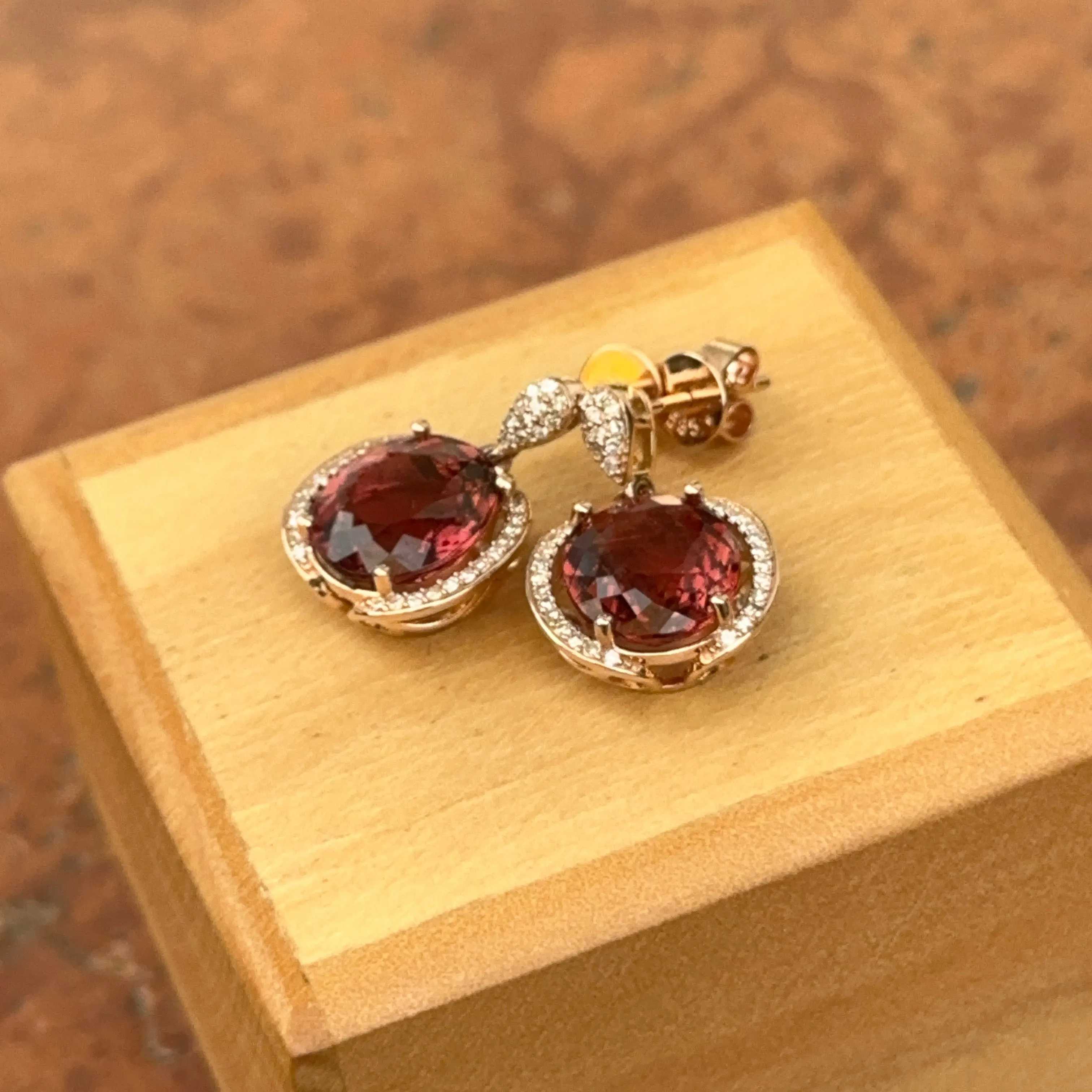 Estate 14KT Rose Gold Pink Tourmaline   Diamond Earrings