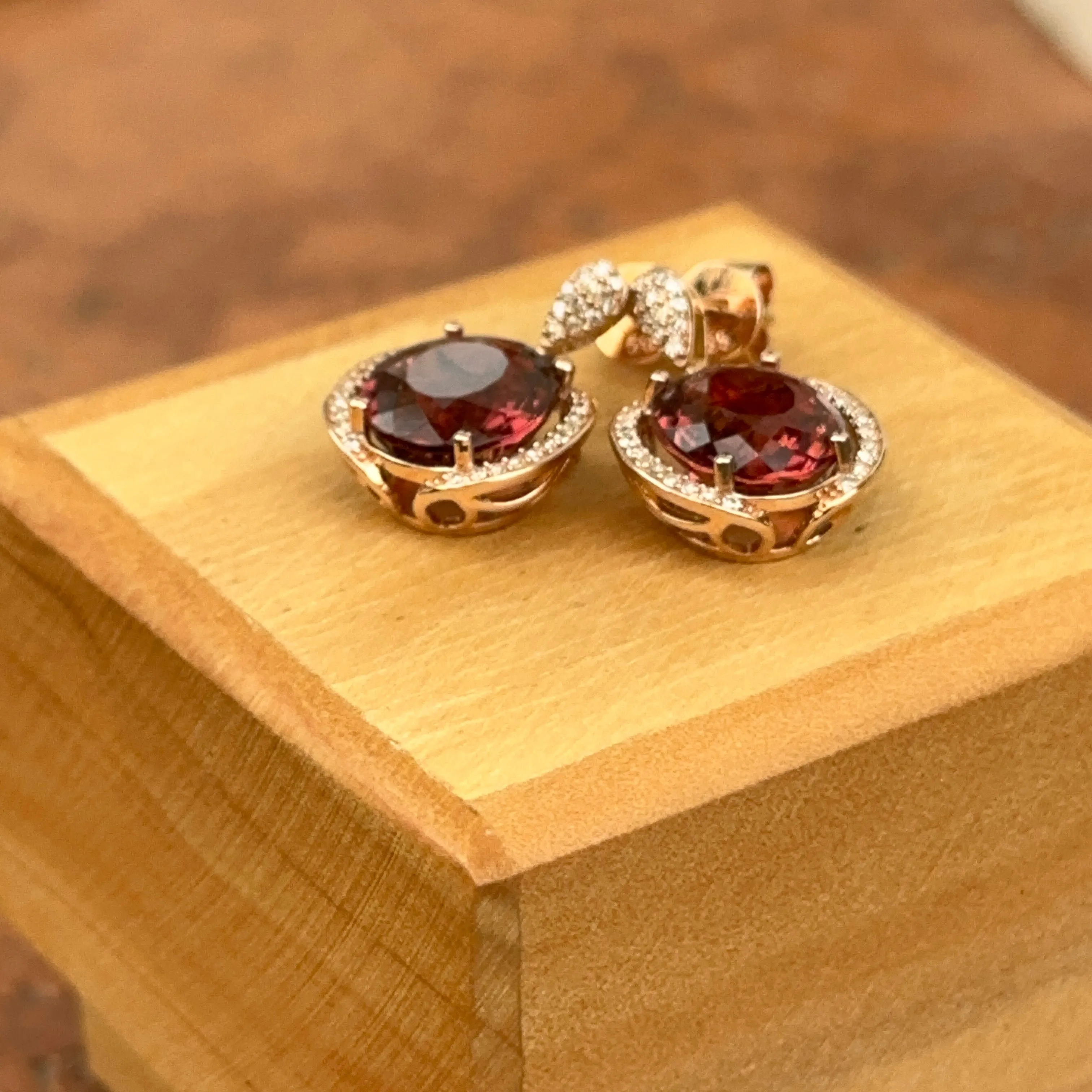 Estate 14KT Rose Gold Pink Tourmaline   Diamond Earrings