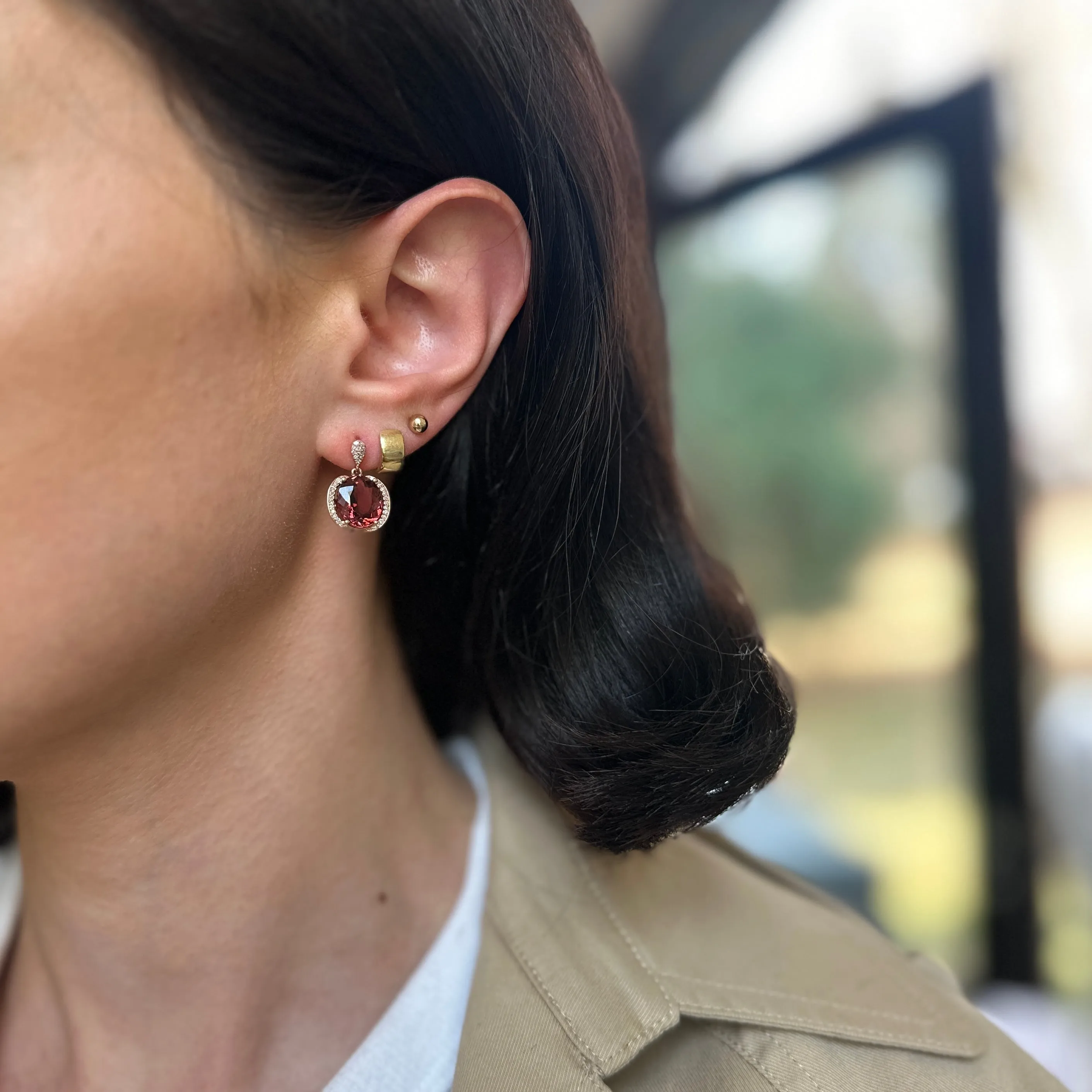 Estate 14KT Rose Gold Pink Tourmaline   Diamond Earrings
