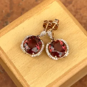 Estate 14KT Rose Gold Pink Tourmaline   Diamond Earrings