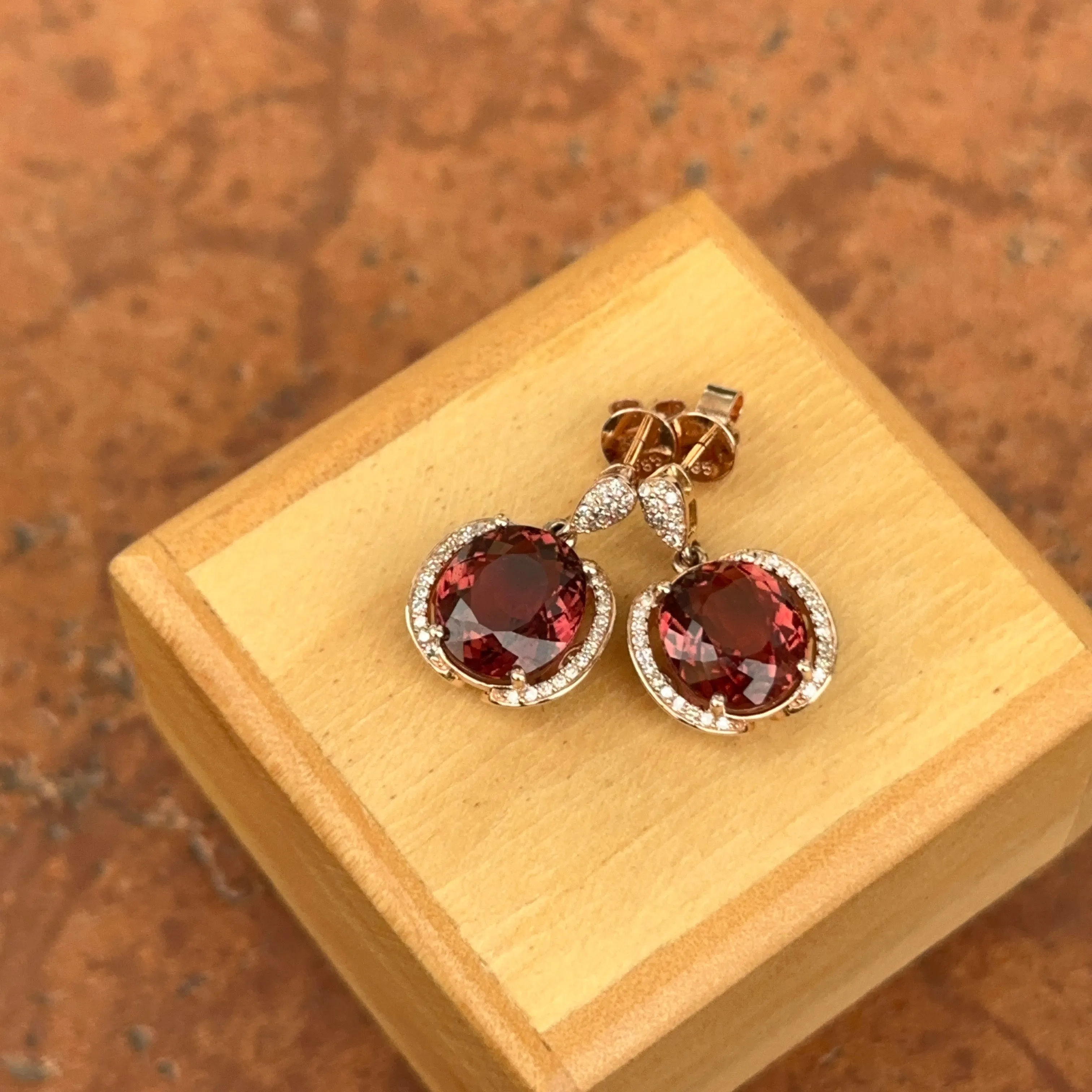 Estate 14KT Rose Gold Pink Tourmaline   Diamond Earrings
