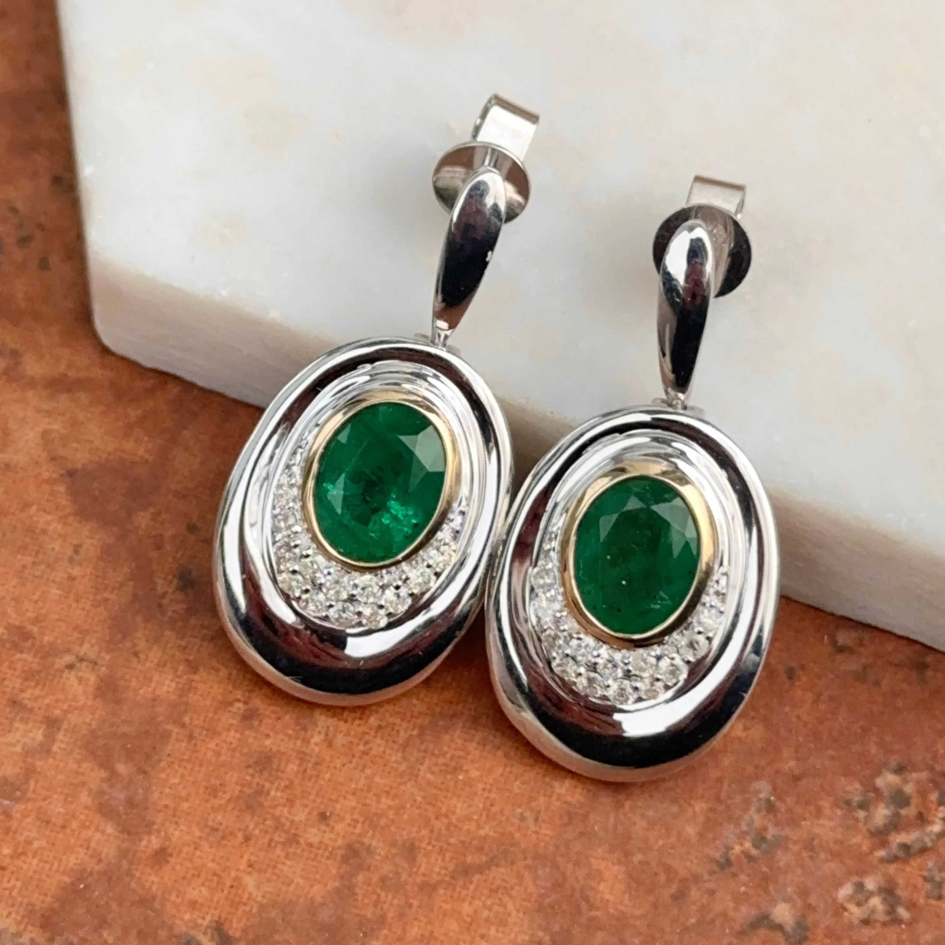 Estate 14KT White Gold Oval Emerald   Diamond Drop Earrings