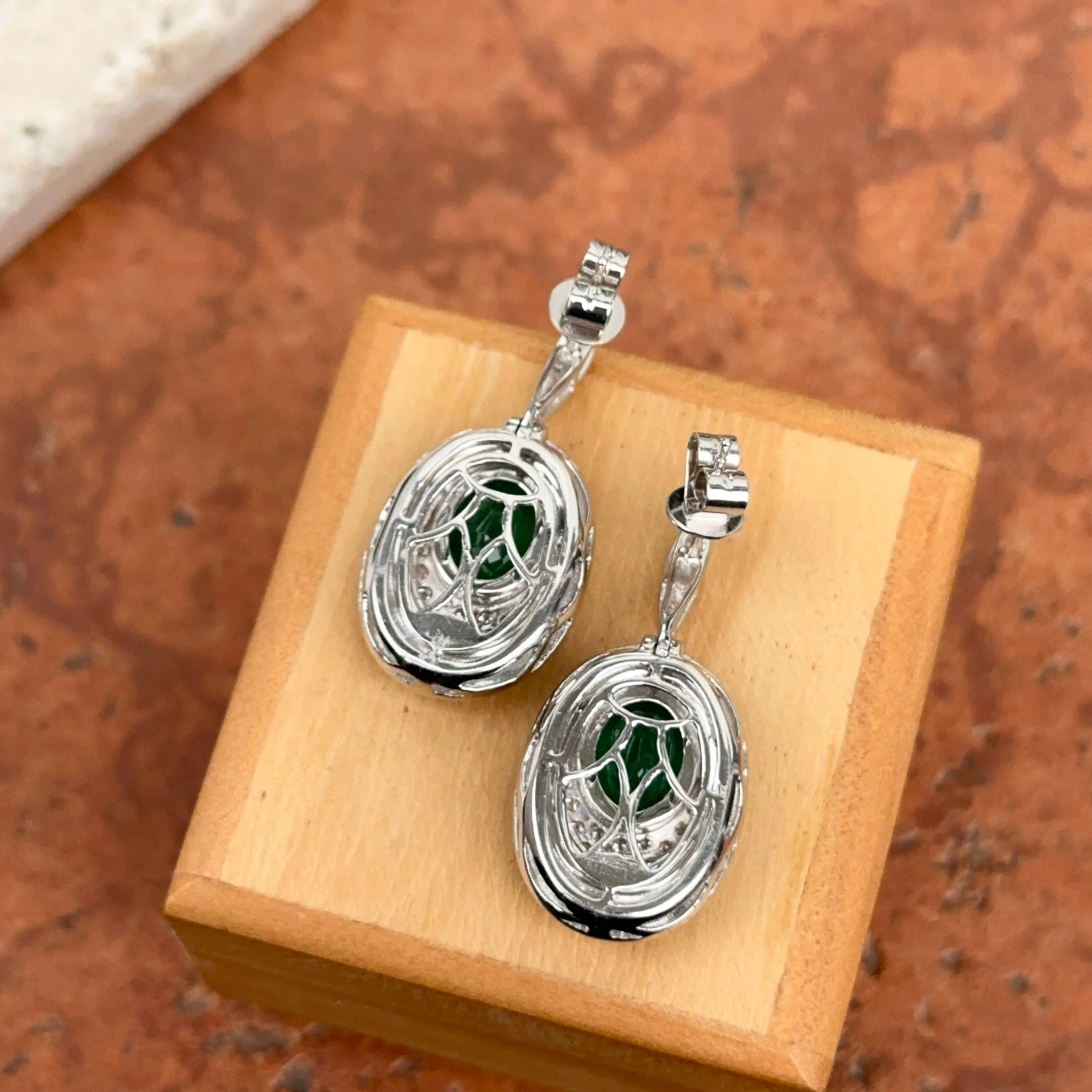 Estate 14KT White Gold Oval Emerald   Diamond Drop Earrings