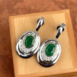 Estate 14KT White Gold Oval Emerald   Diamond Drop Earrings