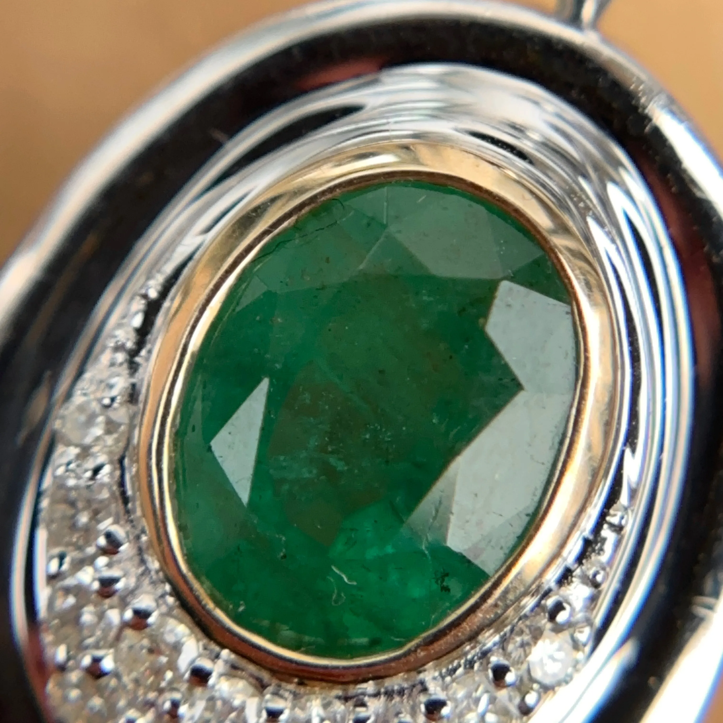 Estate 14KT White Gold Oval Emerald   Diamond Drop Earrings