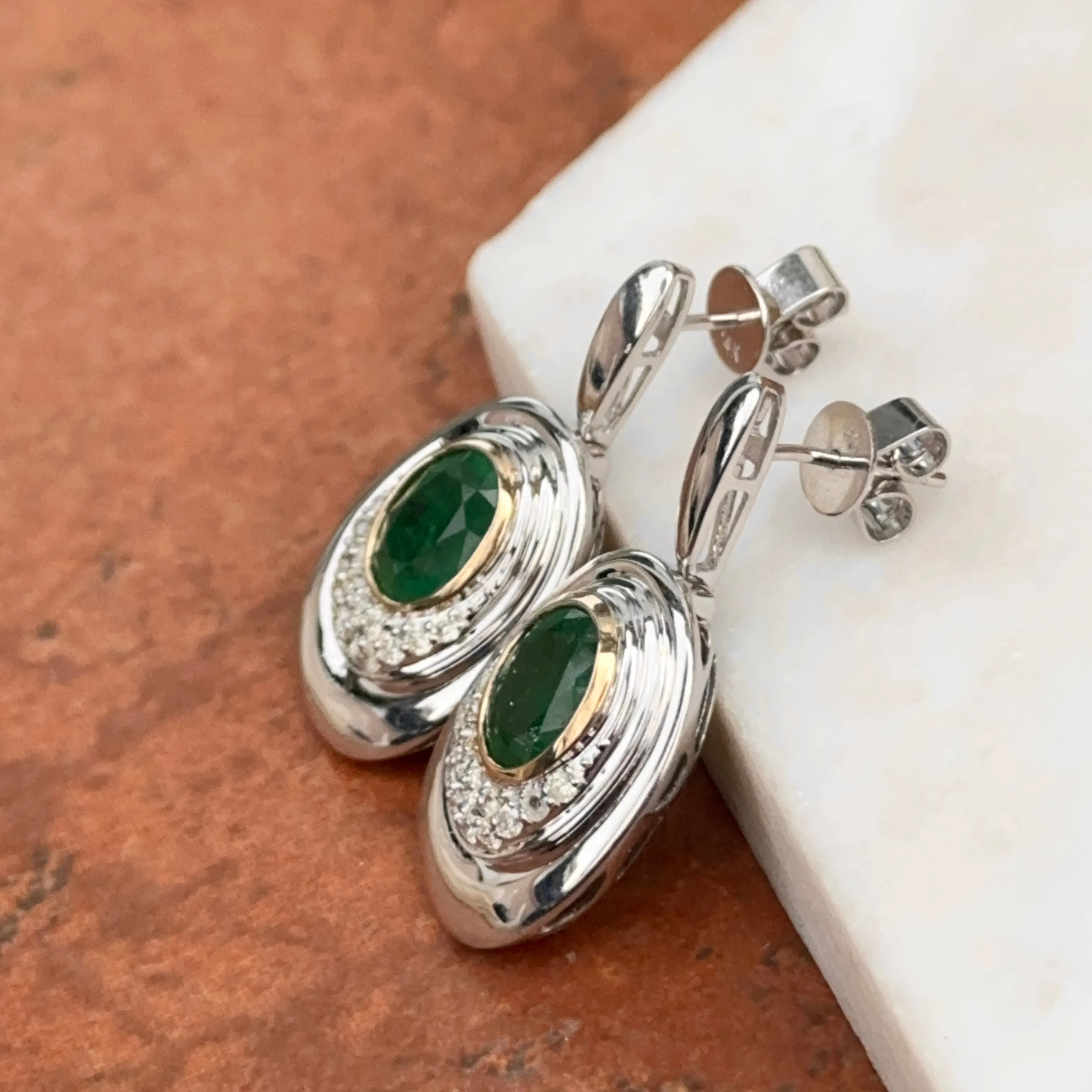 Estate 14KT White Gold Oval Emerald   Diamond Drop Earrings