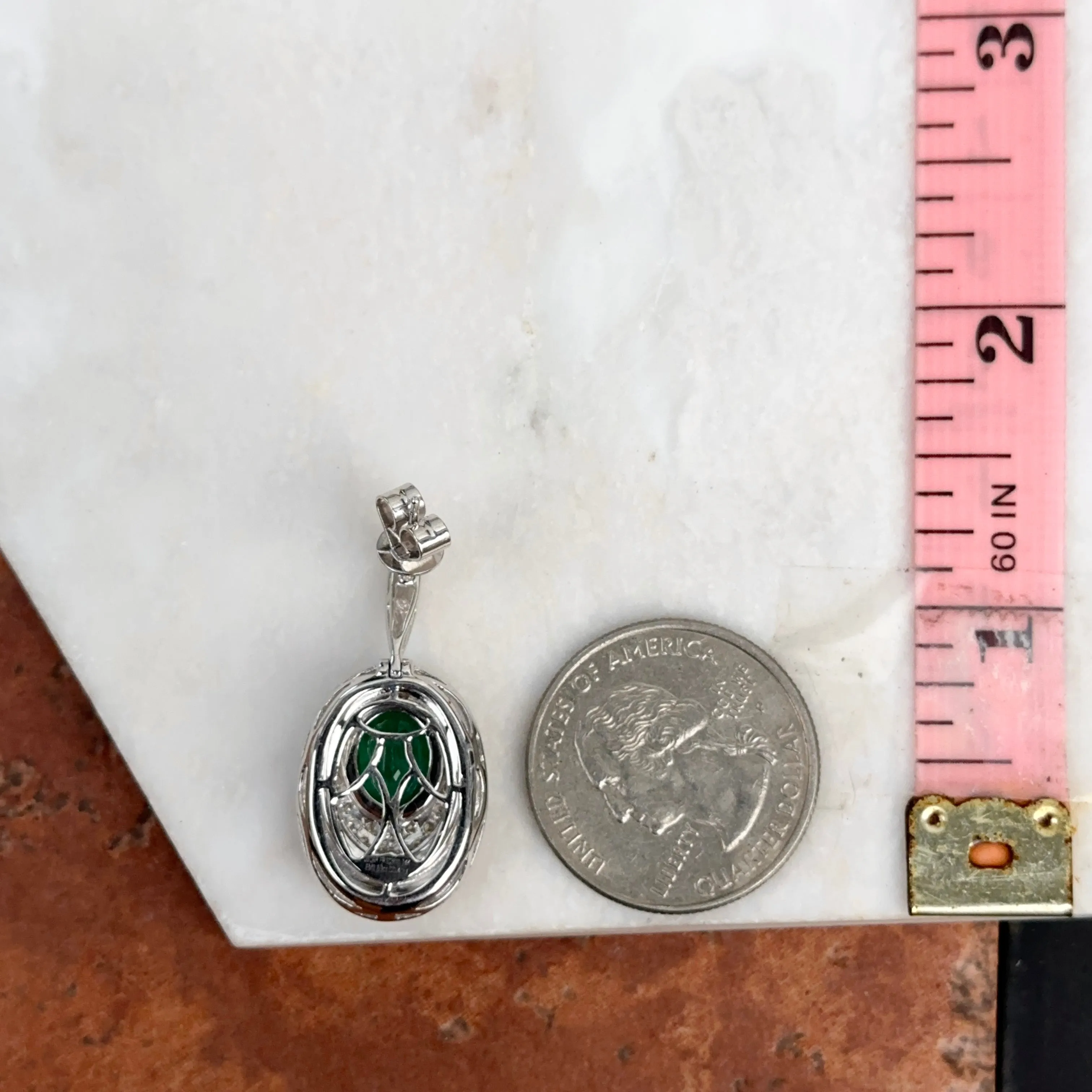 Estate 14KT White Gold Oval Emerald   Diamond Drop Earrings