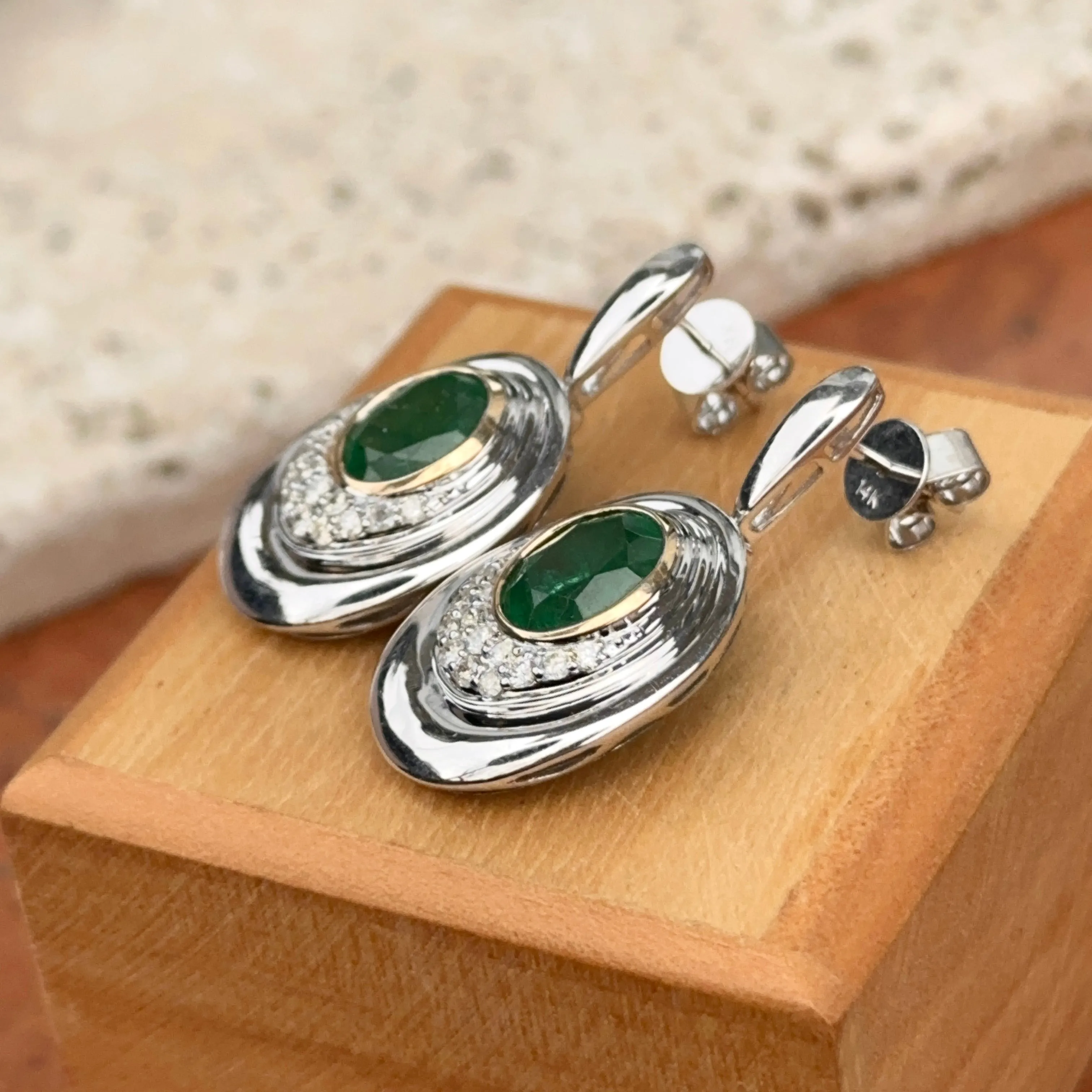 Estate 14KT White Gold Oval Emerald   Diamond Drop Earrings