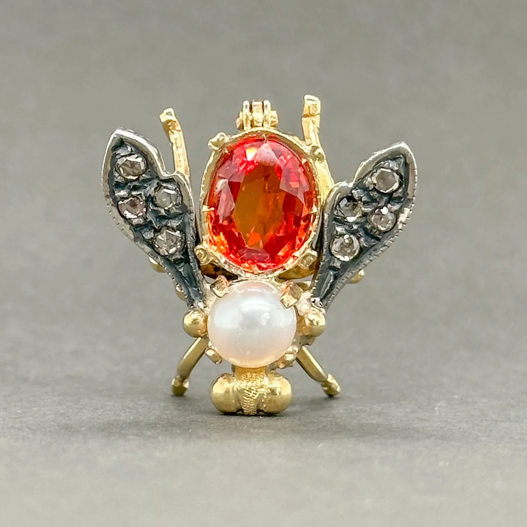 Estate 18K Y Gold 2.02ct Orange Lab-Created Sapphire, Akoya Pearl & 0.16cttw L-M/SI1-2 Diamond Bee Pin