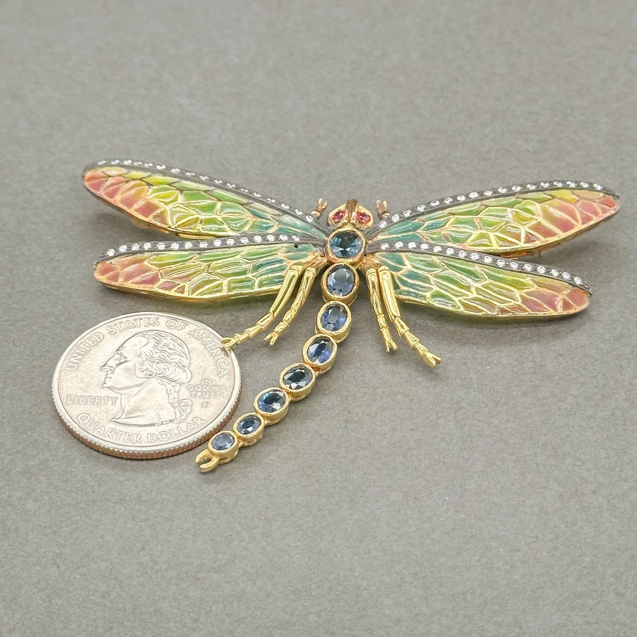 Estate 18K Y Gold 2.86ctw Ruby & Sapphire & 0.58ctw G-H/VS1-2 Diamond Dragonfly Brooch