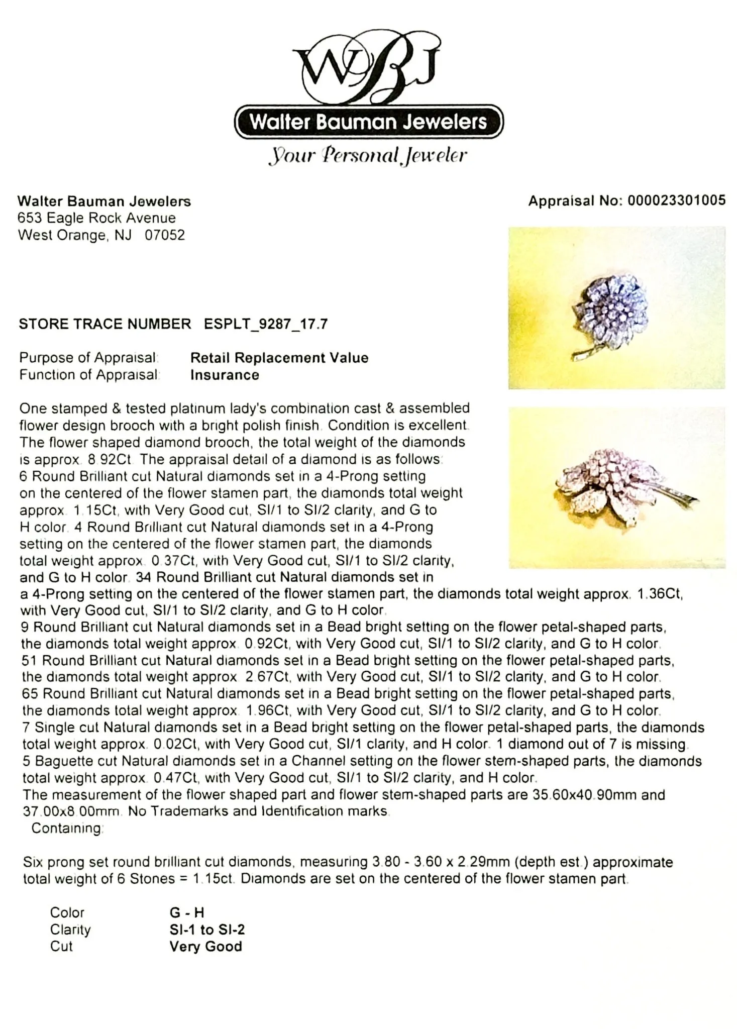 Estate Platinum 8.91ctw G-H/SI1-2 Diamond Flower Brooch