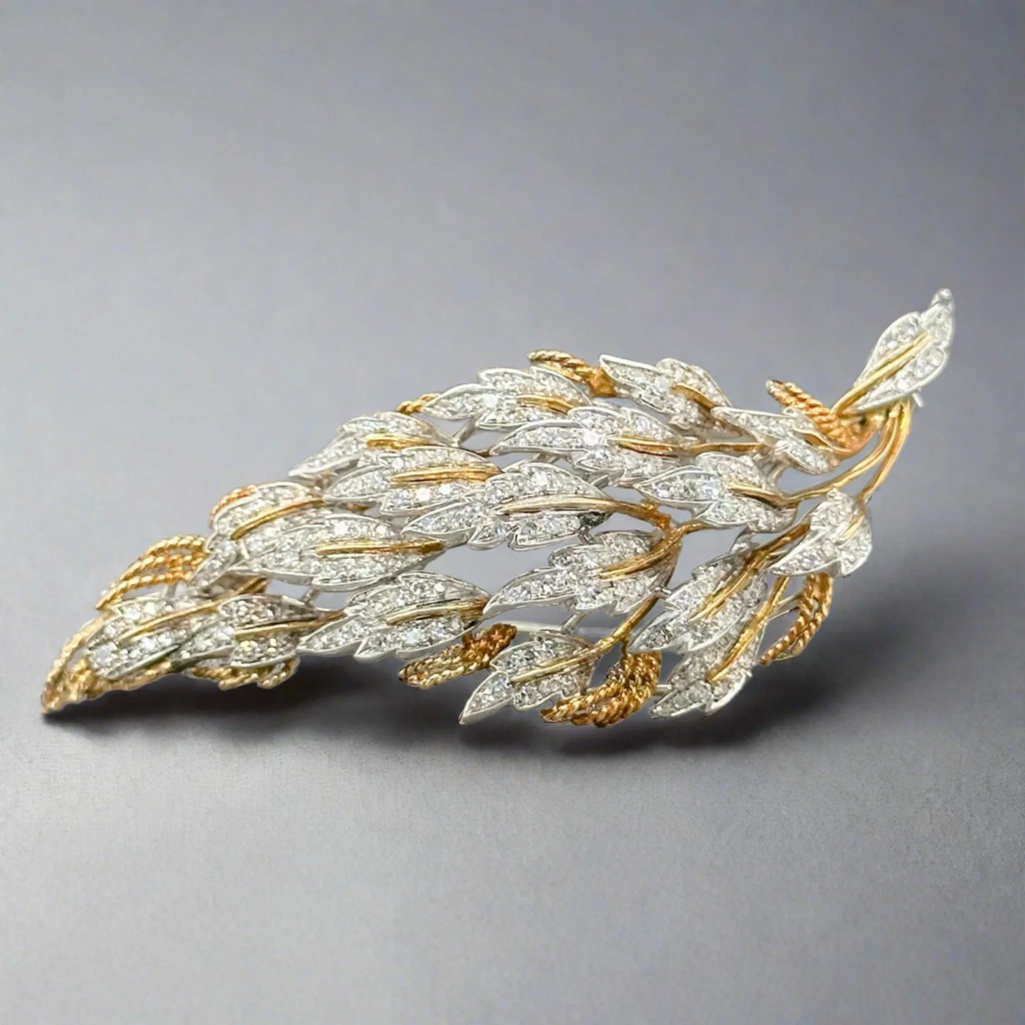Estate Retro 18K TT 1.79ctw G-H/VS2 Diamond Leaf Brooch