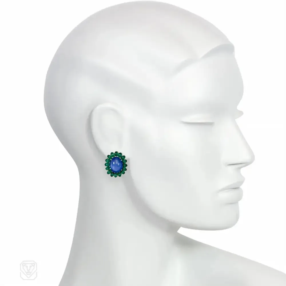 Estate sapphire and emerald cluster clip earrings