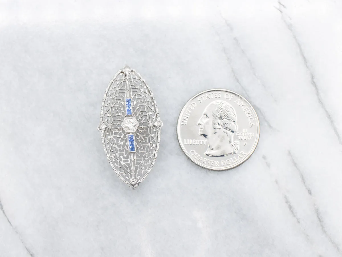 European Cut Diamond and Sapphire Art Deco Filigree Brooch