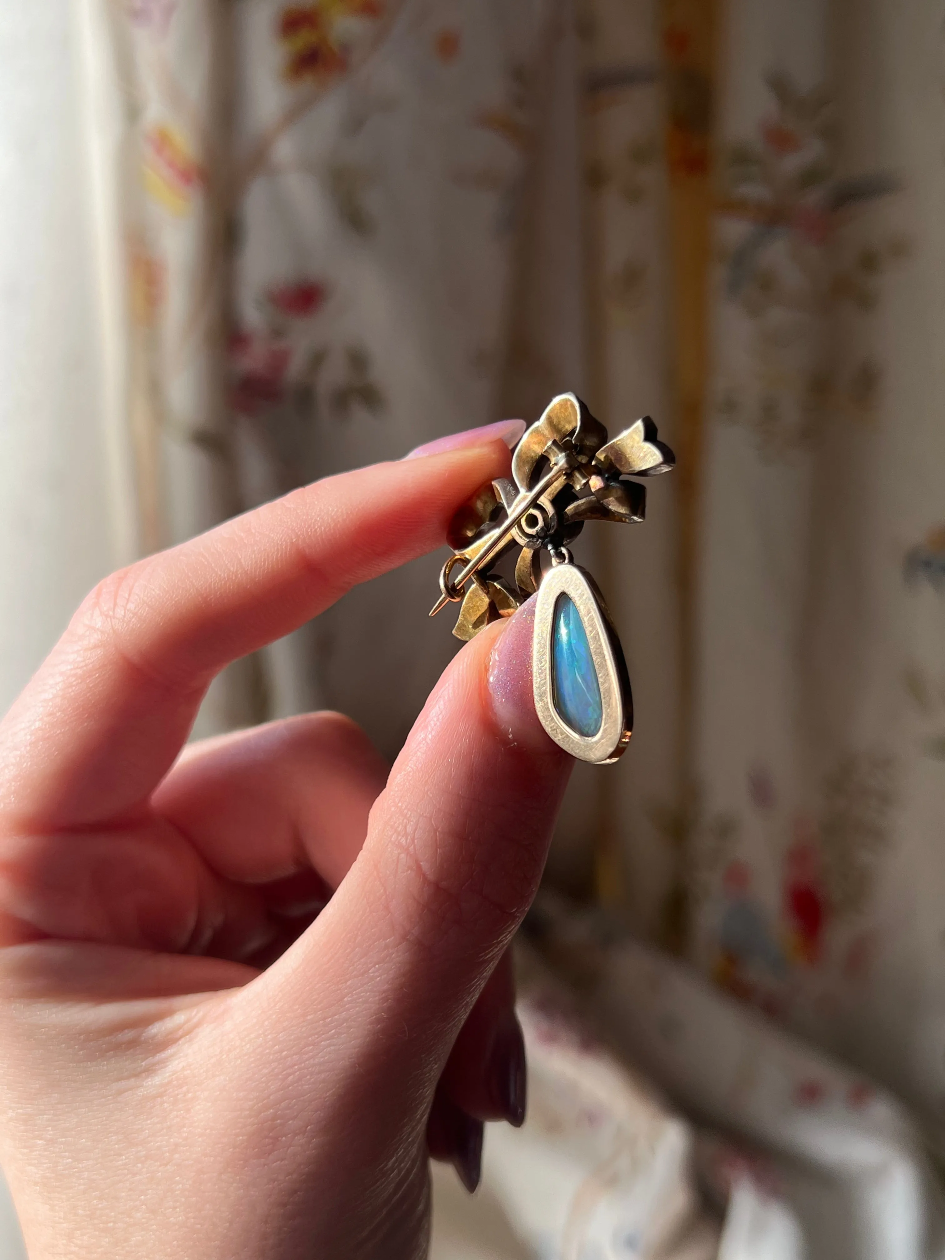 Exceptional Late 19th C and Diamond Bow and Opal Pendant