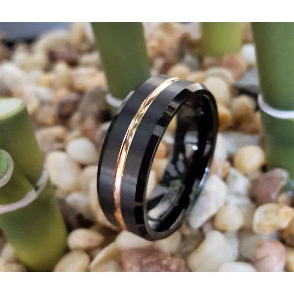 Exquisite Black Tungsten Ring W/ Ion Plated Rose Gold Stripe & High Polished Beveled Edges 6mm & 8mm