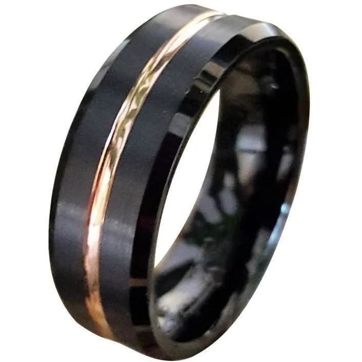 Exquisite Black Tungsten Ring W/ Ion Plated Rose Gold Stripe & High Polished Beveled Edges 6mm & 8mm