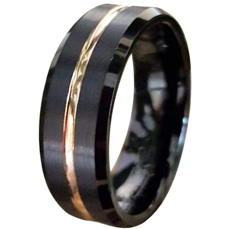Exquisite Black Tungsten Ring W/ Ion Plated Rose Gold Stripe & High Polished Beveled Edges 6mm & 8mm