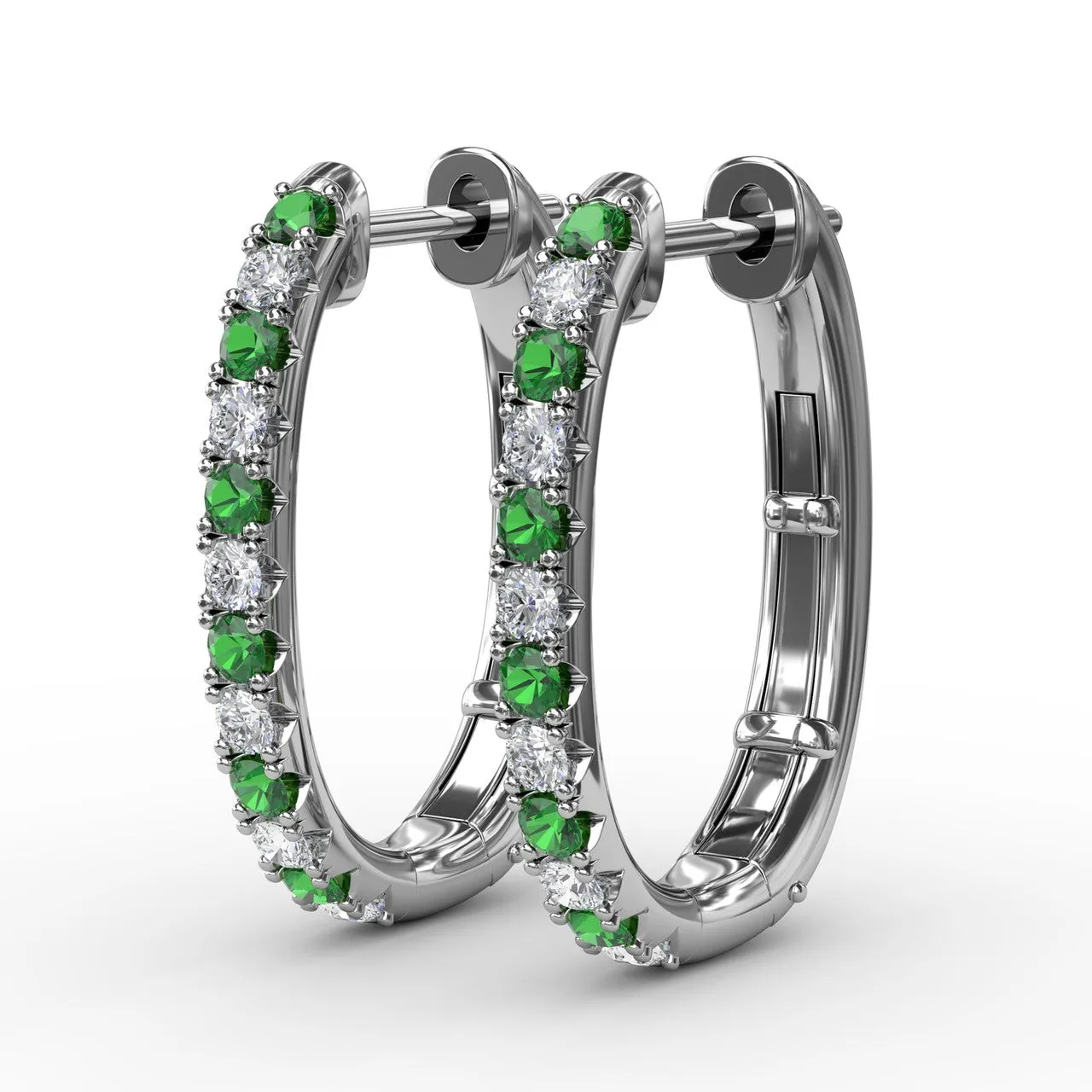 Fana 14k White Gold Alternaing Emerald and Diamond Hoop Earrings