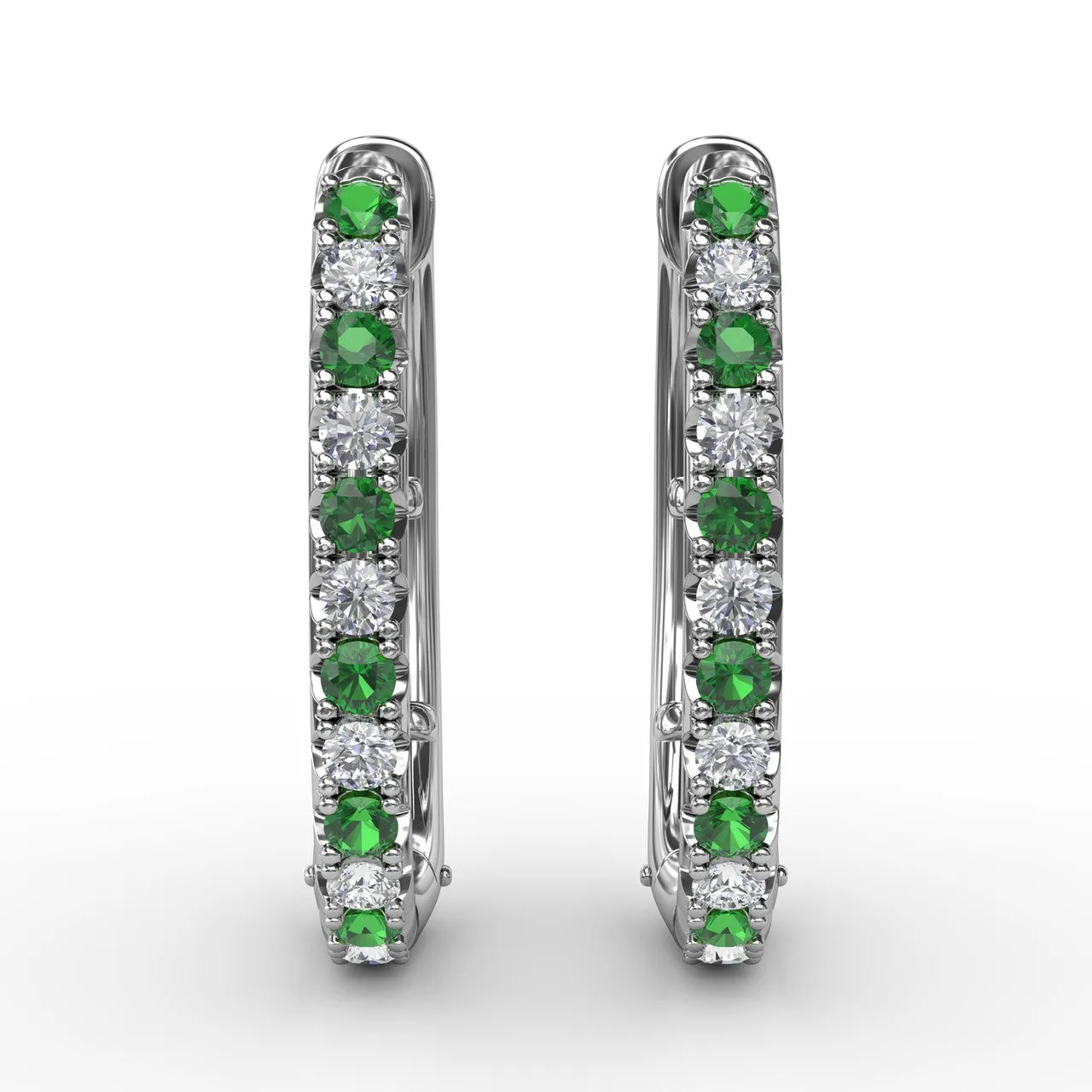 Fana 14k White Gold Alternaing Emerald and Diamond Hoop Earrings