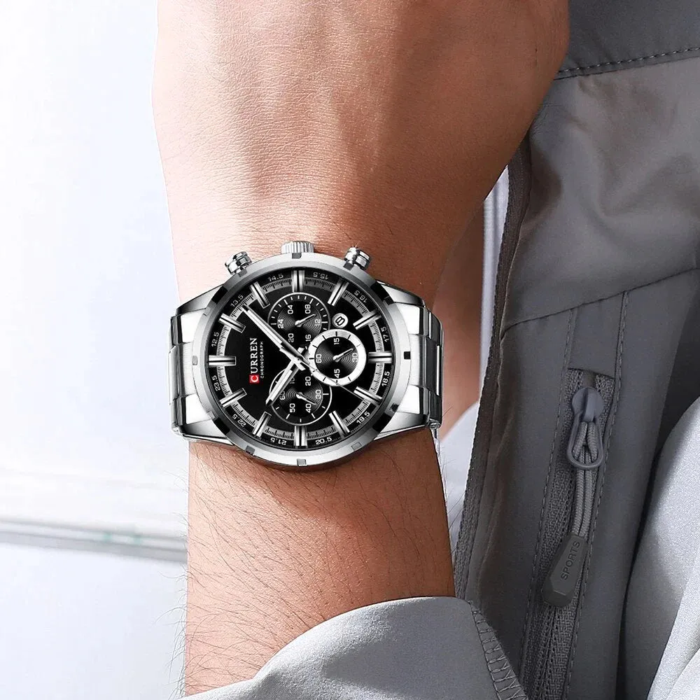 Fashion Quartz Watches Classic Silver and Black Clock Male Watch Men’s Wristwatch with Calendar Chronograph