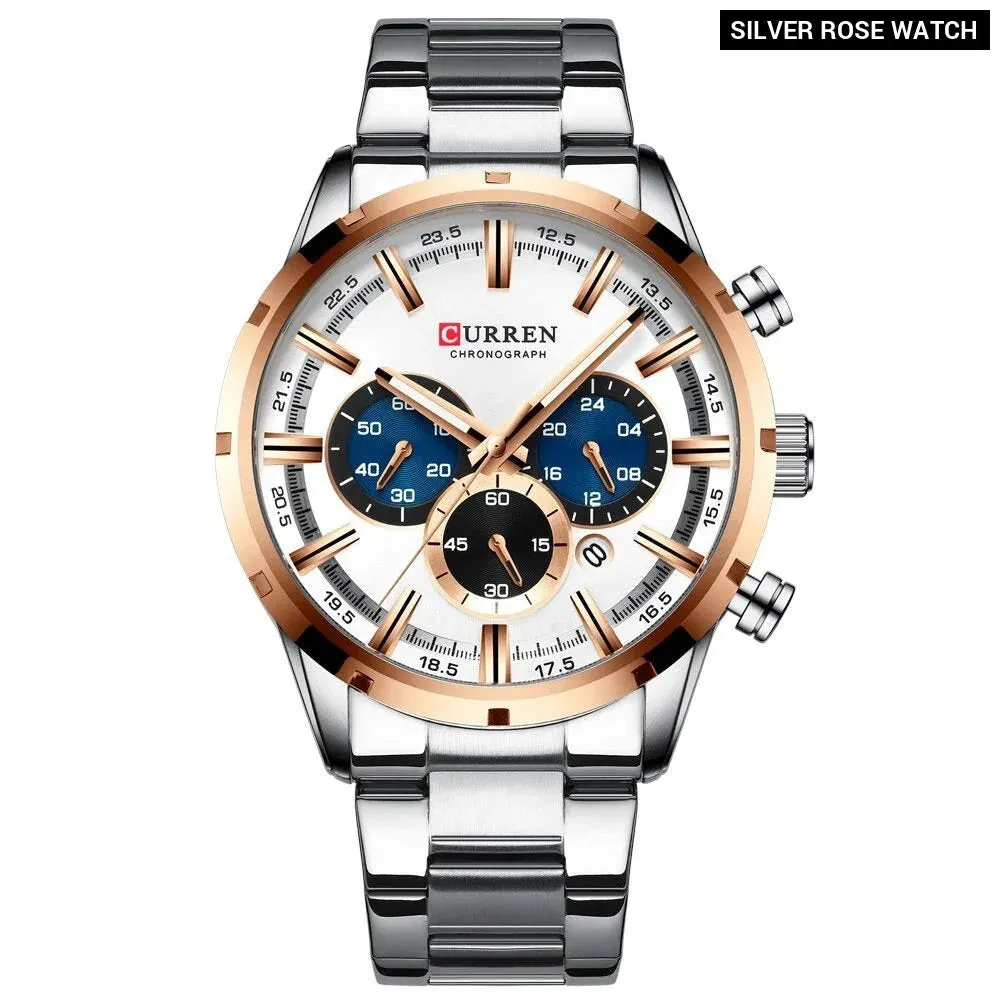 Fashion Quartz Watches Classic Silver and Black Clock Male Watch Men’s Wristwatch with Calendar Chronograph