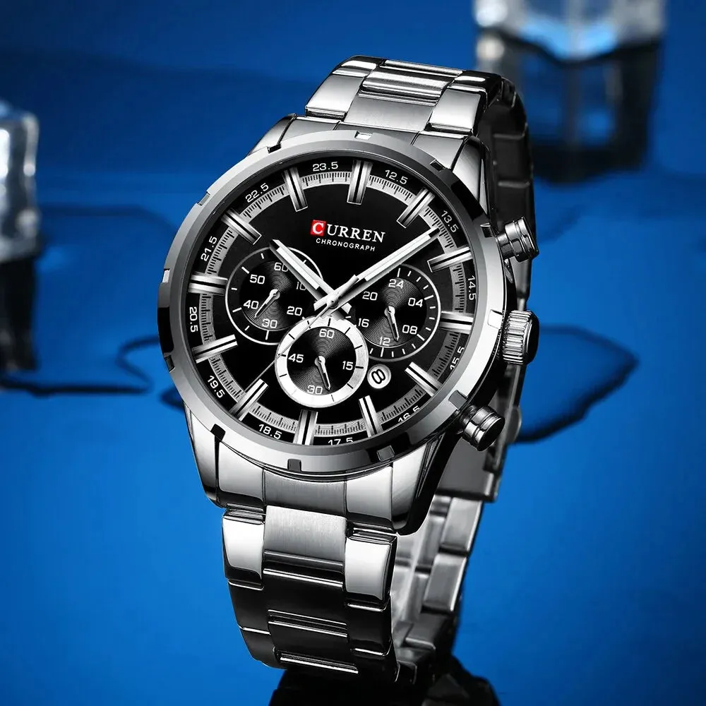 Fashion Quartz Watches Classic Silver and Black Clock Male Watch Men’s Wristwatch with Calendar Chronograph