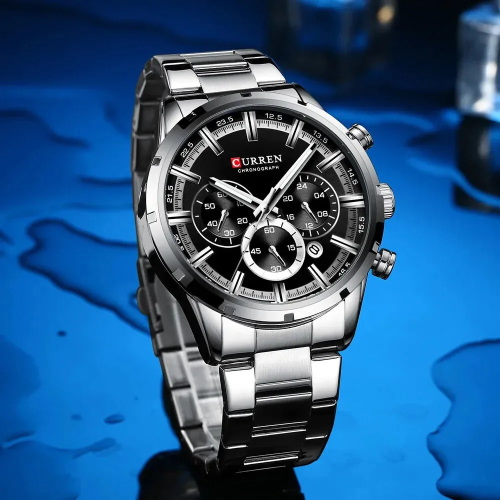 Fashion Quartz Watches Classic Silver and Black Clock Male Watch Men’s Wristwatch with Calendar Chronograph