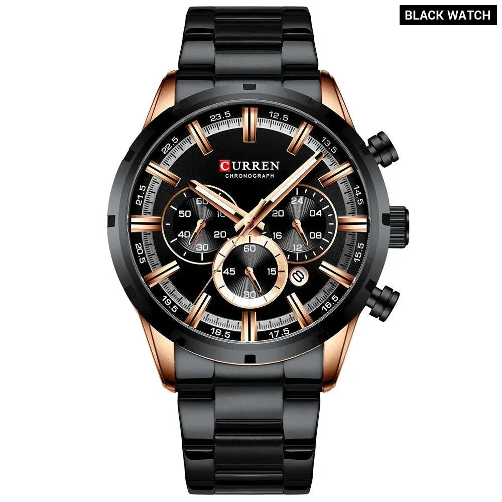 Fashion Quartz Watches Classic Silver and Black Clock Male Watch Men’s Wristwatch with Calendar Chronograph