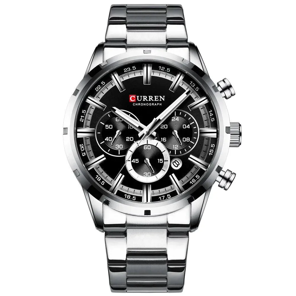 Fashion Quartz Watches Classic Silver and Black Clock Male Watch Men’s Wristwatch with Calendar Chronograph