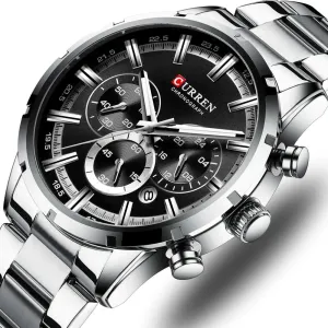 Fashion Quartz Watches Classic Silver and Black Clock Male Watch Men’s Wristwatch with Calendar Chronograph