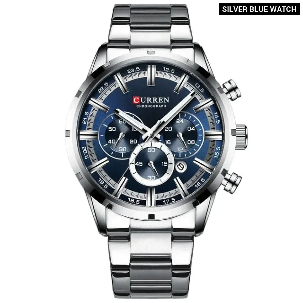 Fashion Quartz Watches Classic Silver and Black Clock Male Watch Men’s Wristwatch with Calendar Chronograph