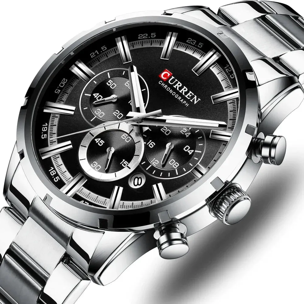 Fashion Quartz Watches Classic Silver and Black Clock Male Watch Men’s Wristwatch with Calendar Chronograph
