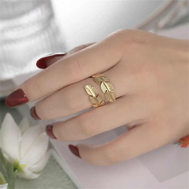 Feather Ring Open Titanium Steel Ring Gold And Silver Color Opening Rings Creative Simple Feather Handmade Party Jewelry Gifts