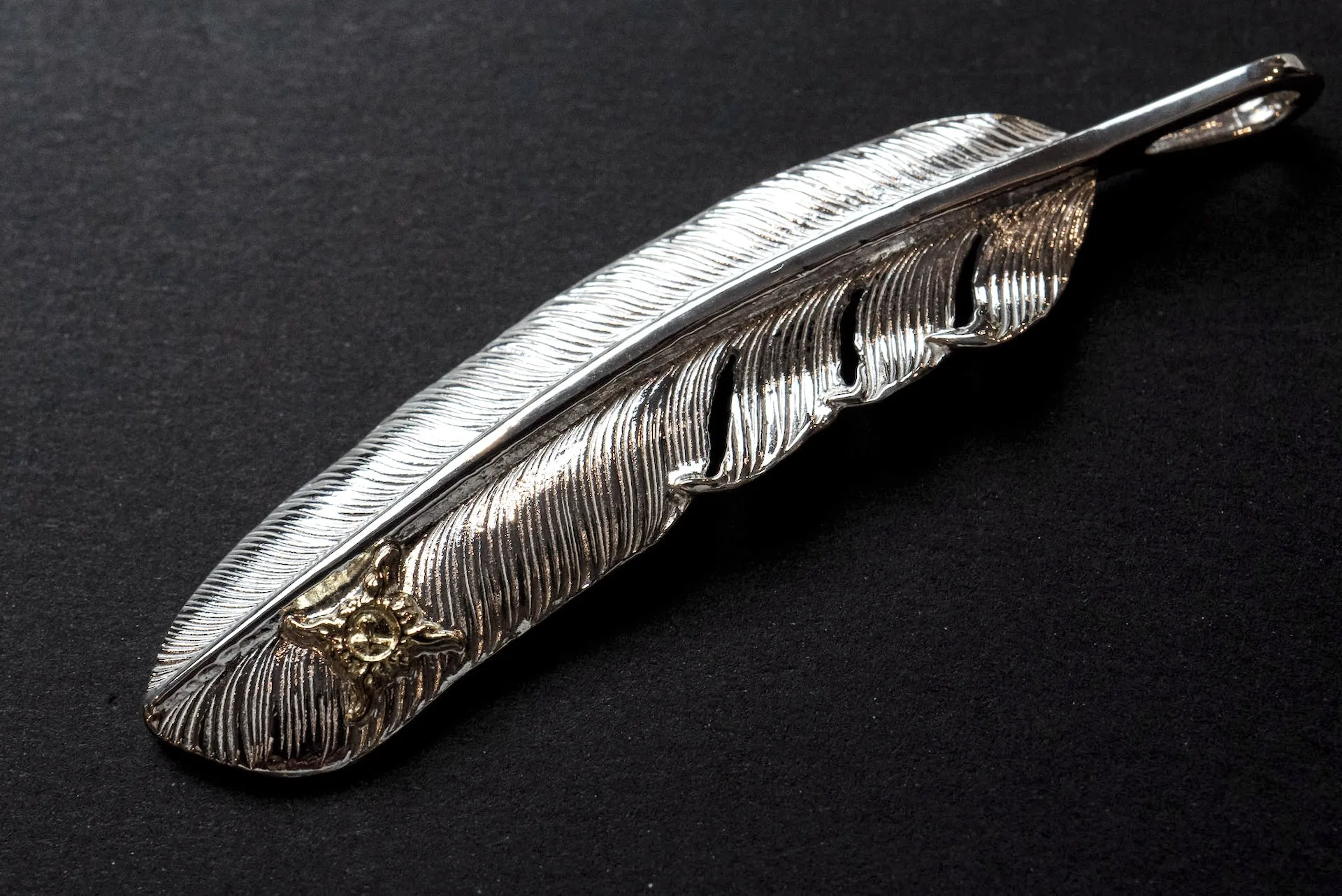 First Arrow's 18K Sunburst Large Feather Pendants (P-391)