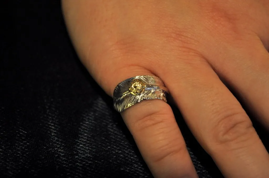 First Arrow's Small Feather & 18K Sunburst Ring (R-094)
