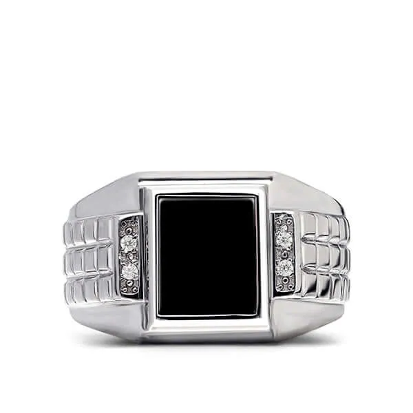 Flat Stone Men's Elegant Design Ring with 4 Genuine Diamonds