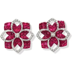 Floral Style Stud Earrings with Rubies and Diamonds in 18k White Gold Setting