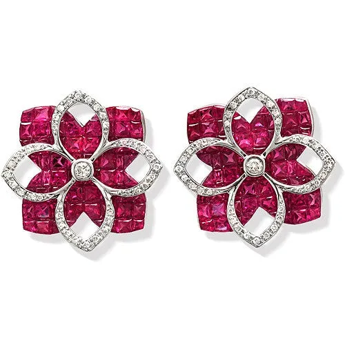 Floral Style Stud Earrings with Rubies and Diamonds in 18k White Gold Setting