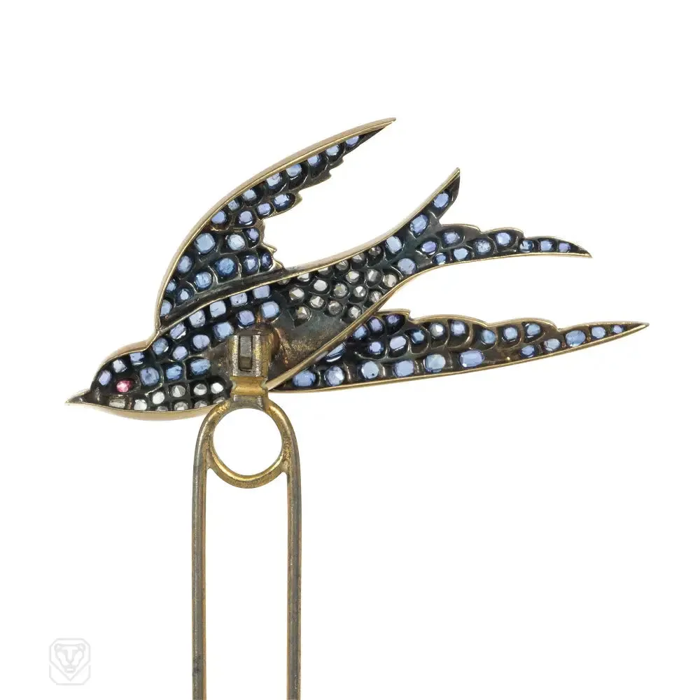 French diamond and sapphire bird brooch