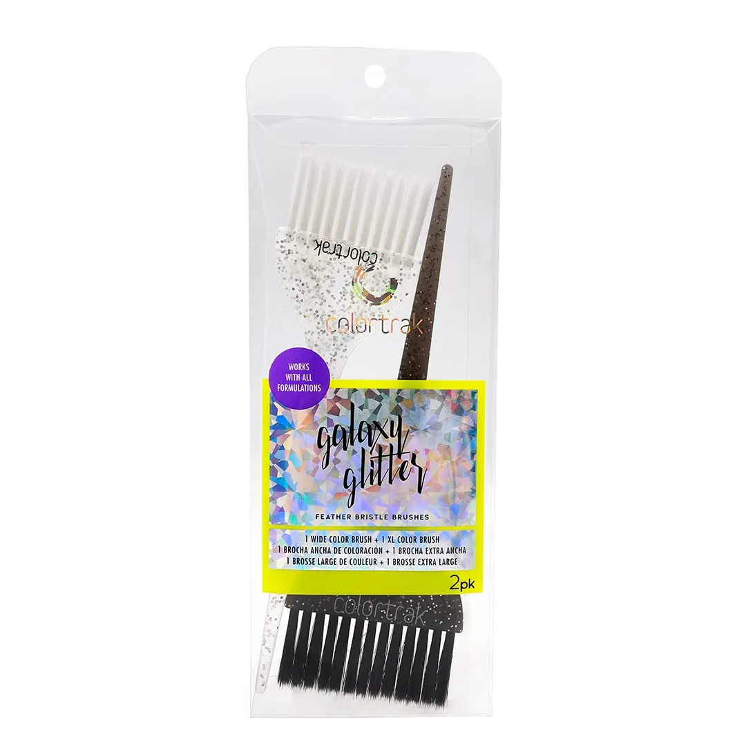Galaxy Glitter 2 Piece Hair Brush Set for Highlighting and Coloring Hair Sections, Includes 2.5 Inch Wide Celestial Glow Soft Bristle Brush, 3 Inch Wide Meteor Shower Stiff Bristle Brush
